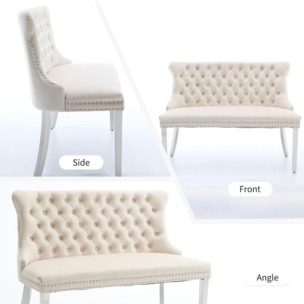 Shenyon Velvet Upholstered Dining Bench with Back, Tufted Loveseat Bench with Silver Stainless Steel Legs and Nailhead Trim, Banquette Seating for Dining Room, Kitchen, Entryway (Beige, Dining Bench)