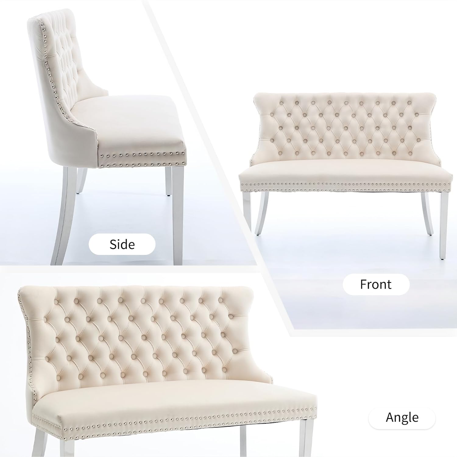 Shenyon Velvet Upholstered Dining Bench with Back, Tufted Loveseat Bench with Silver Stainless Steel Legs and Nailhead Trim, Banquette Seating for Dining Room, Kitchen, Entryway (Beige, Dining Bench)