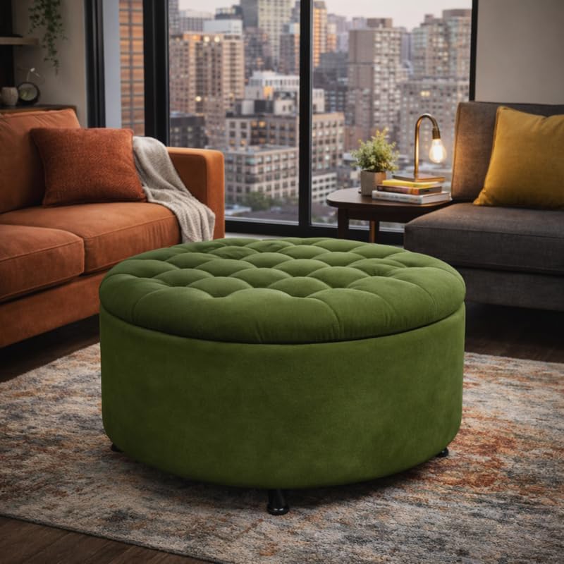 Niche Knight 28-Inch Large Round Pintucked Storage Ottoman with Lift-Off Lid, Tufted Upholstered Accent Footrest for Living Room, Bedroom, Entryway, Hidden Storage – Emerald Green