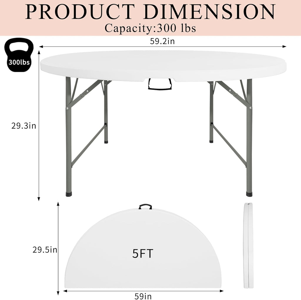 5 FT Round Folding Tables with Carrying Handle 60 inch Heavy Duty Portable Plastic Commercial Table Steel Legs for Party, Dining, Wedding, Events, Picnic Indoor, Outdoor (White,1 Pack)