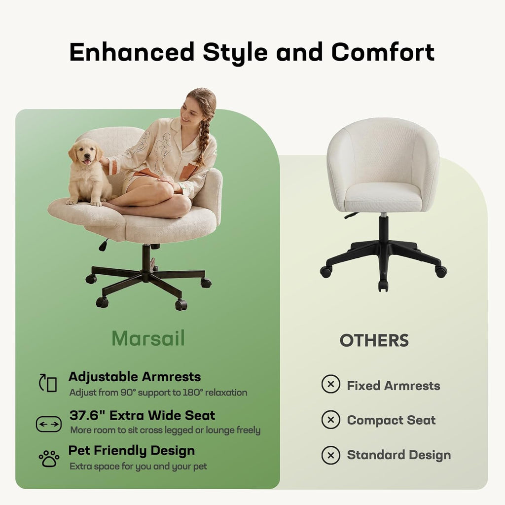 Marsail Criss Cross Office Chair with Adjustable Armrests & Wheels, Vanity Chair with Wide Cushion, Reclining Back, Soft Chenille Fabric, Desk Chair for Home Office, Makeup Room, Bedroom, Beige
