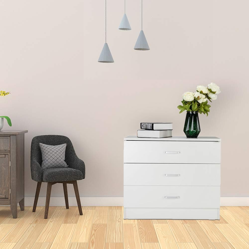 Mid Century Nightstand,Bedroom Bedside End Table,Solid Wood Night Stand,Home Office Dresser Side Tables,with 3 Drawers & Handle,for Small Spaces, Study, Living Room, Entryway, Hallway (White)