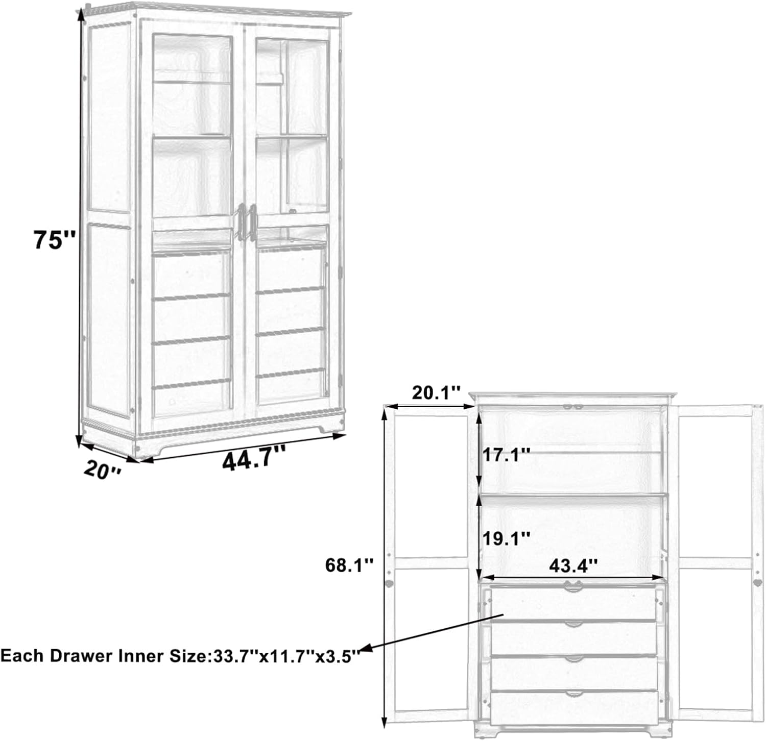 75" Tall Farmhouse Kitchen Pantry Cabinet with 2 Glass Doors & 4 Built-in Drawers, 44.7" Freestanding Pantry Storage Cabinet for Kitchen, Dining Room, Natural