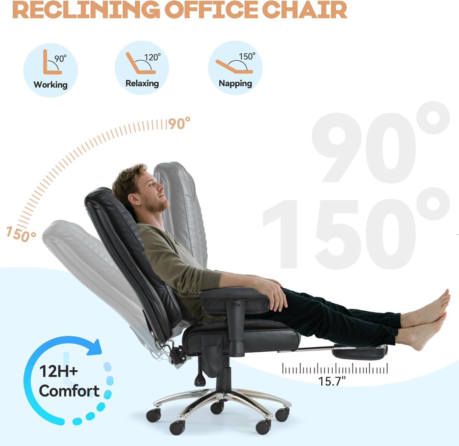 Vibrate Massage & Heating Office Chair, Executive Office Chair with Reclining Backrest, Adjustable Arms & Lumbar Support, High Back Leather Desk Chairs w/Foot Res for Home Office, Black