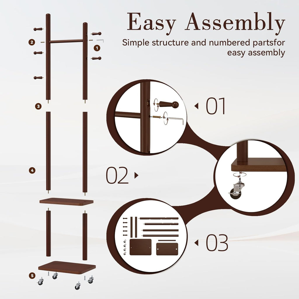 Coat Rack Freestanding, Solid Wood Coat Rack Stand, Clothing Rack with Wheels & 2 Shelves Storage & 5 Hooks, Heavy Duty Clothes Rack, Wood Coat Tree Stand Hat Hanger Rack for Bedroom Entryway Office