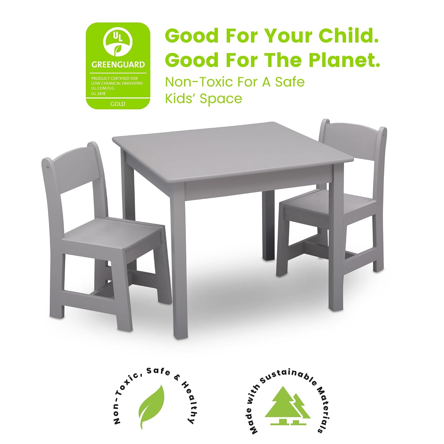 Delta Children MySize Kids Wood Table and Chair Set (2 Chairs Included) - Ideal for Arts & Crafts, Snack Time & More - Greenguard Gold Certified, Grey, 3 Piece Set