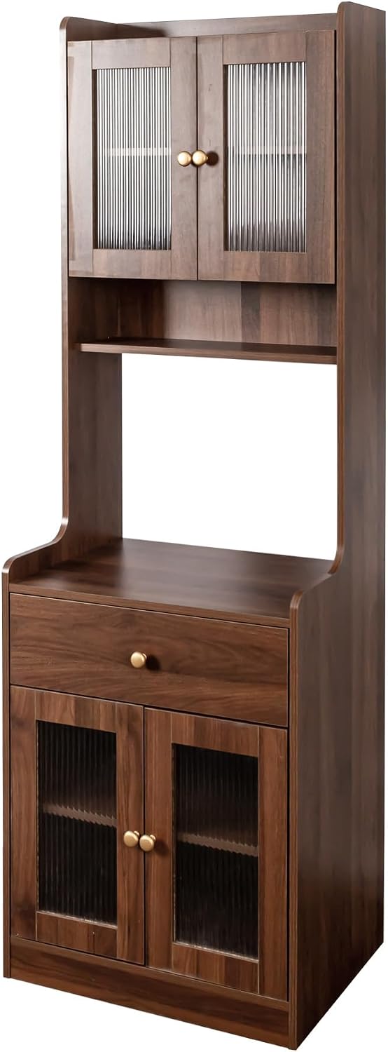 roomfitters Kitchen Pantry Hutch Cabinet, Tall Farmhouse Buffet with Microwave Stand and Storage Shelves, Walnut Brown