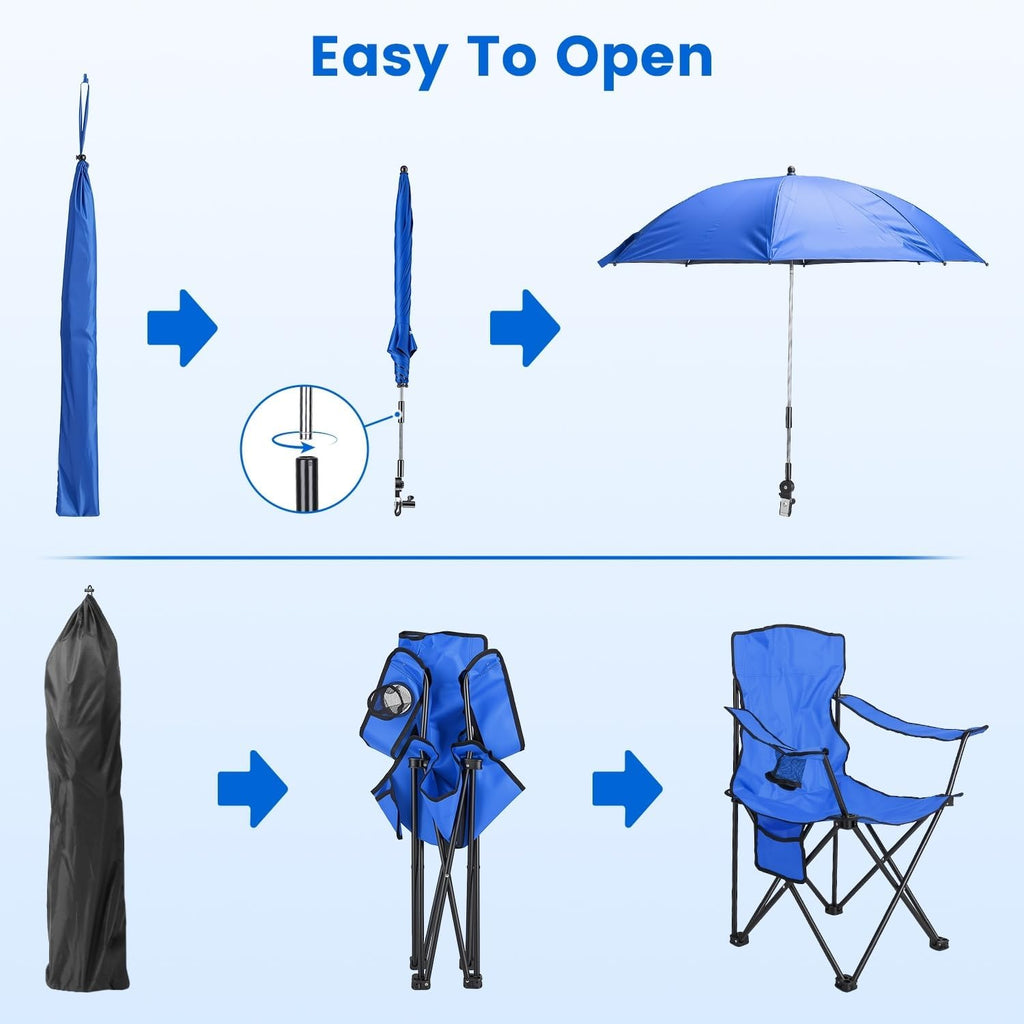 Folding Camping Chair with Detachable 8-Rib Sun Umbrella, 42 Inch Canopy Aluminum Alloy Portable Lawn Chair, Supports 330 lbs, Cup Holder, for Beach Camping Travel