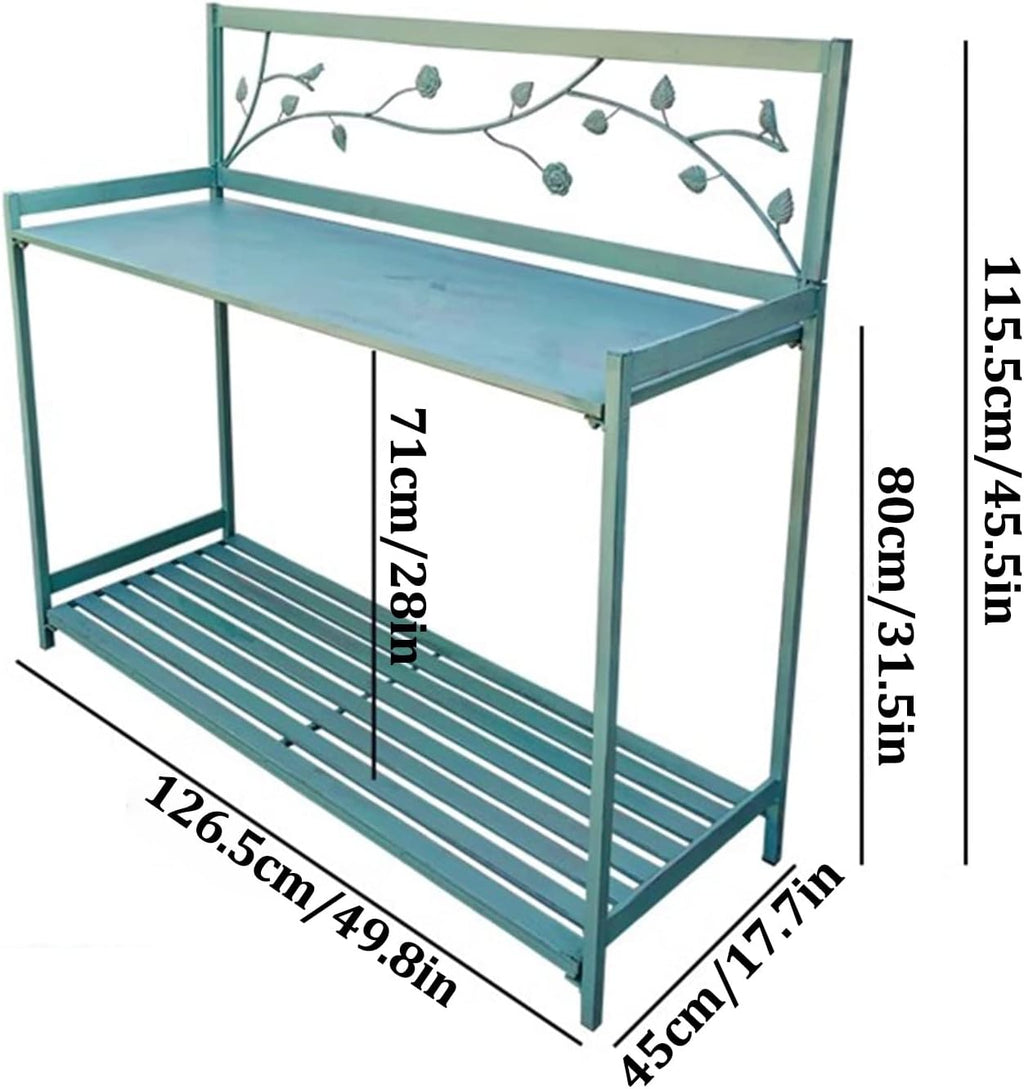 Potting Bench, Outdoor Patio Metal Potting Table with 2- Tier Open Shelf, Garden Work Station Table for Planting (Color : Green, Size : 126.5x45x115.5cm)