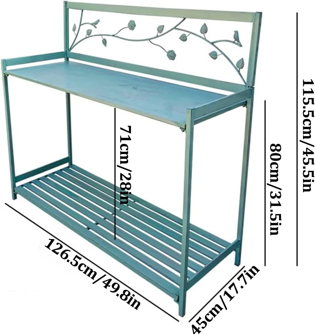 Potting Bench, Outdoor Patio Metal Potting Table with 2- Tier Open Shelf, Garden Work Station Table for Planting (Color : Green, Size : 126.5x45x115.5cm)