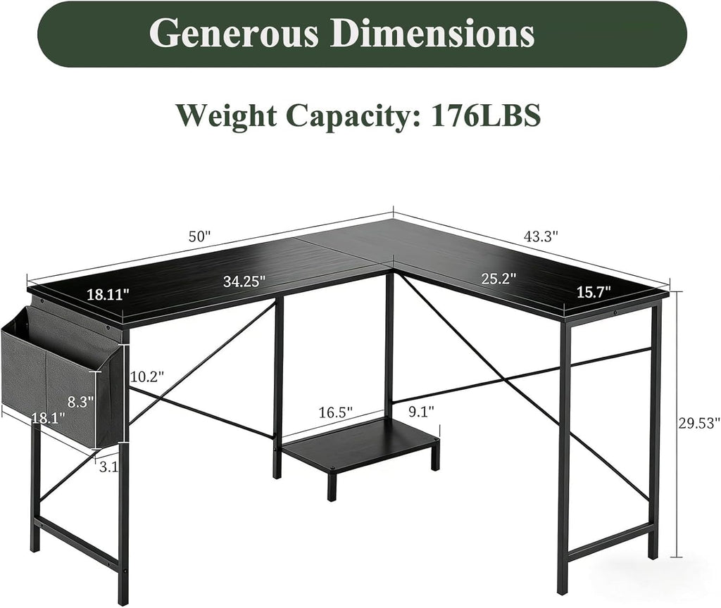 L Shaped Desk, 50 Inch Reversible Computer Desk Corner Gaming Table with CPU Stand & Storage Bag, Sturdy Metal Frame PC Workstation for Home Office, Black Wood