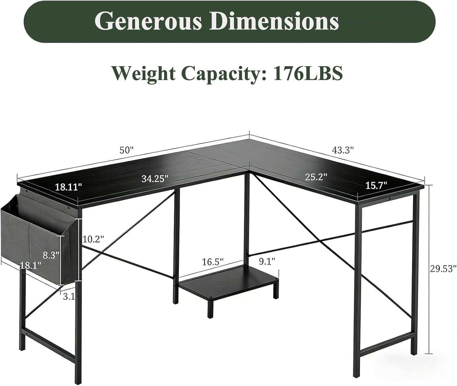 L Shaped Desk, 50 Inch Reversible Computer Desk Corner Gaming Table with CPU Stand & Storage Bag, Sturdy Metal Frame PC Workstation for Home Office, Black Wood