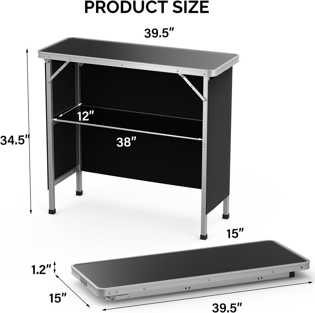 Bonnlo Folding Portable Bar Table, Mobile Bar Table for Events, Party, Camping, Picnic, Tradeshow, Indoor with Black Skirt 39 "L x 34" H