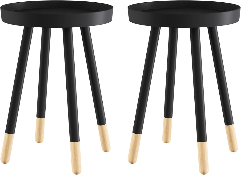 Lavish Home Round End Table Set of 2 – 17 Inch Small Round Side Table Set with Tray Tops and Color-Block Spindle Legs – Wooden Mid Century Modern Living Room Furniture (Black)