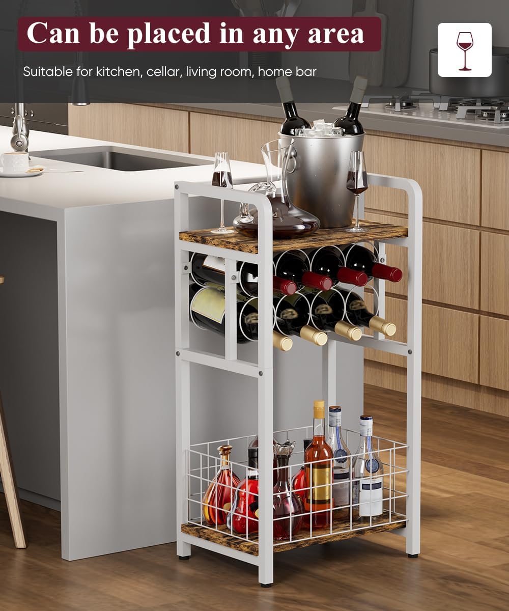 3-Tier Wine Rack Freestanding Floor with Wood Top, Liquor Stand with Wine Bottle Holder, Corner Wine Bar Table for Small Space, Metal Whiskey Shlef for Kitchen, Cellar, Living Room, White
