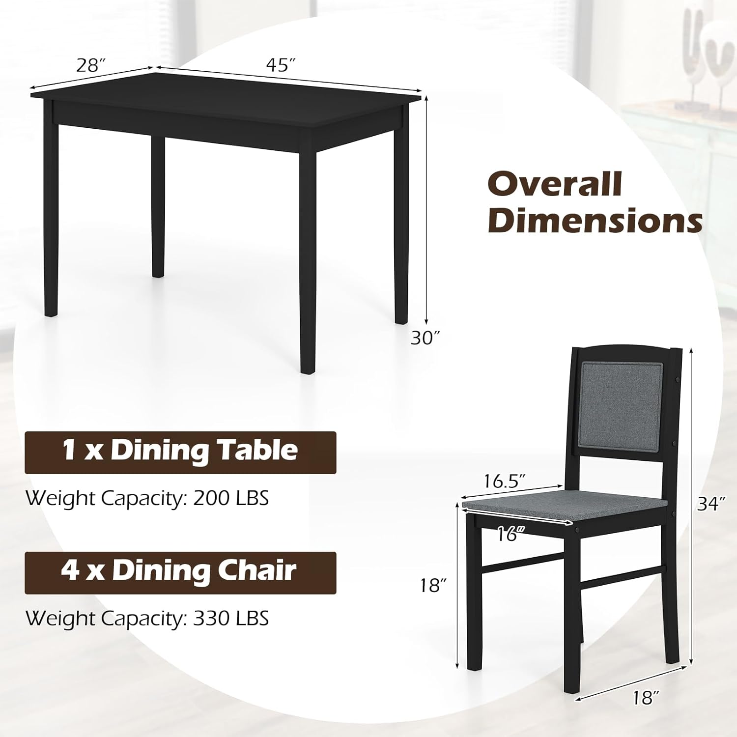 Giantex 5-Piece Dining Table Set for 4, Wooden Kitchen Table and Chairs with Solid Rubber Wood Legs, Padded Seat & Backrest, Space Saving Dinette Set for Home Dining Living Room, Breakfast Nook