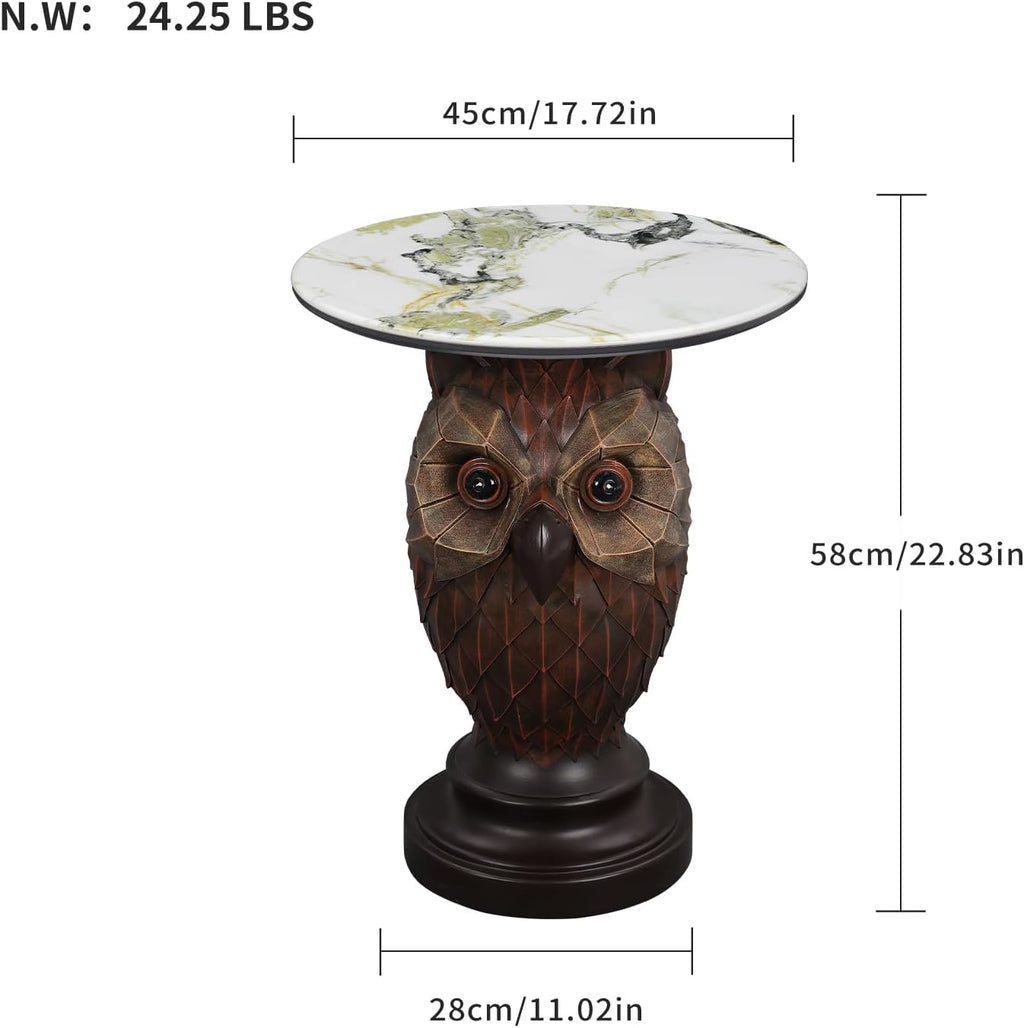Rustic Brown Owl Accent Table - 22.83" Geometric Owl Sculpture Side Table with 17.72" Round Marble Pattern Top, Decorative Bird Statue Nightstand for Cottage & Lodge Style Interiors, 24.25 LBS