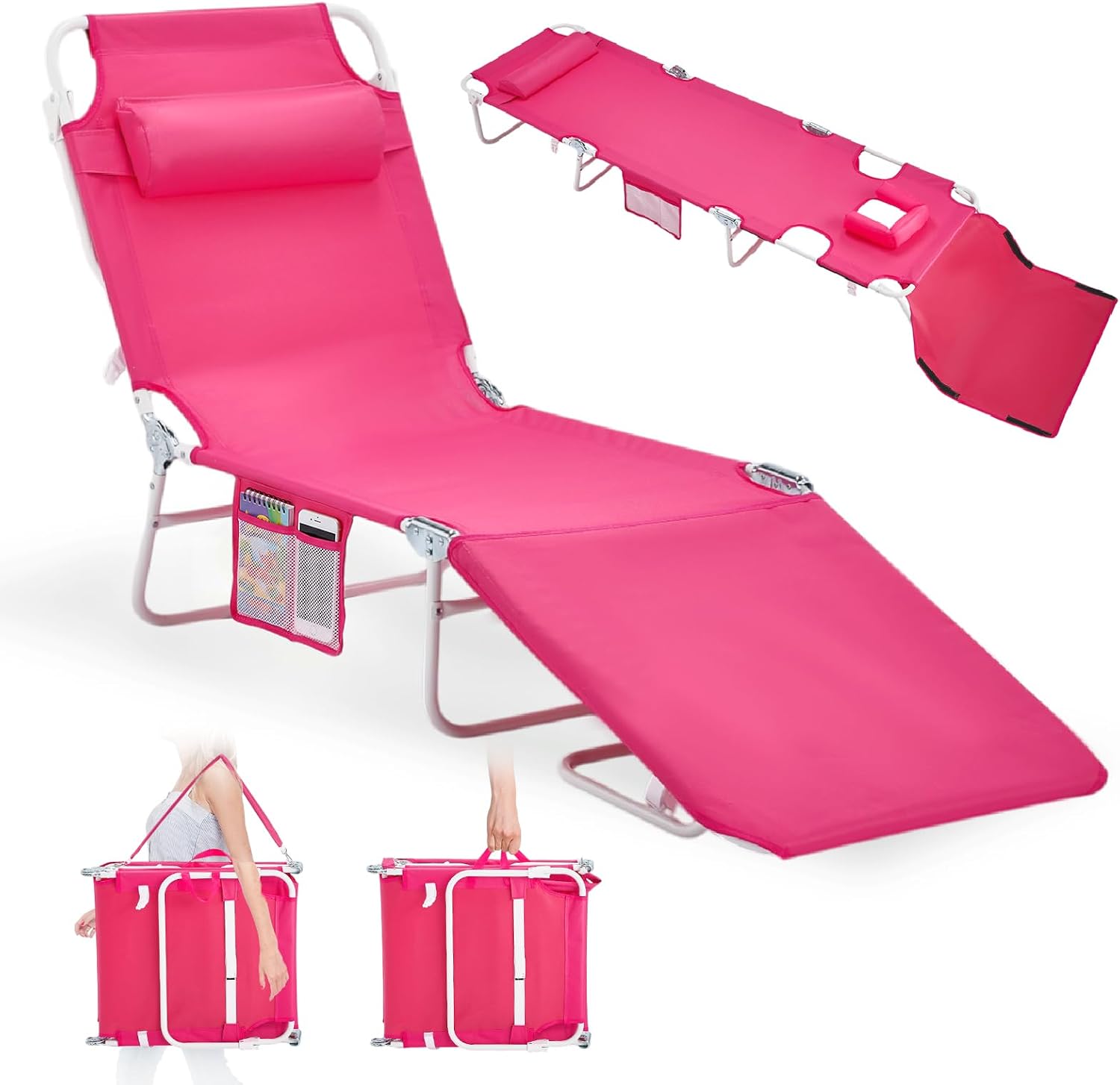VINGLI Tanning Chair, Beach Lounge Chair with Face Hole, Lounge Chair Outdoor, Height-Adjustable Tanning Lounger, Anti-Tip Design, Carrying Bag, 475lbs, Pink