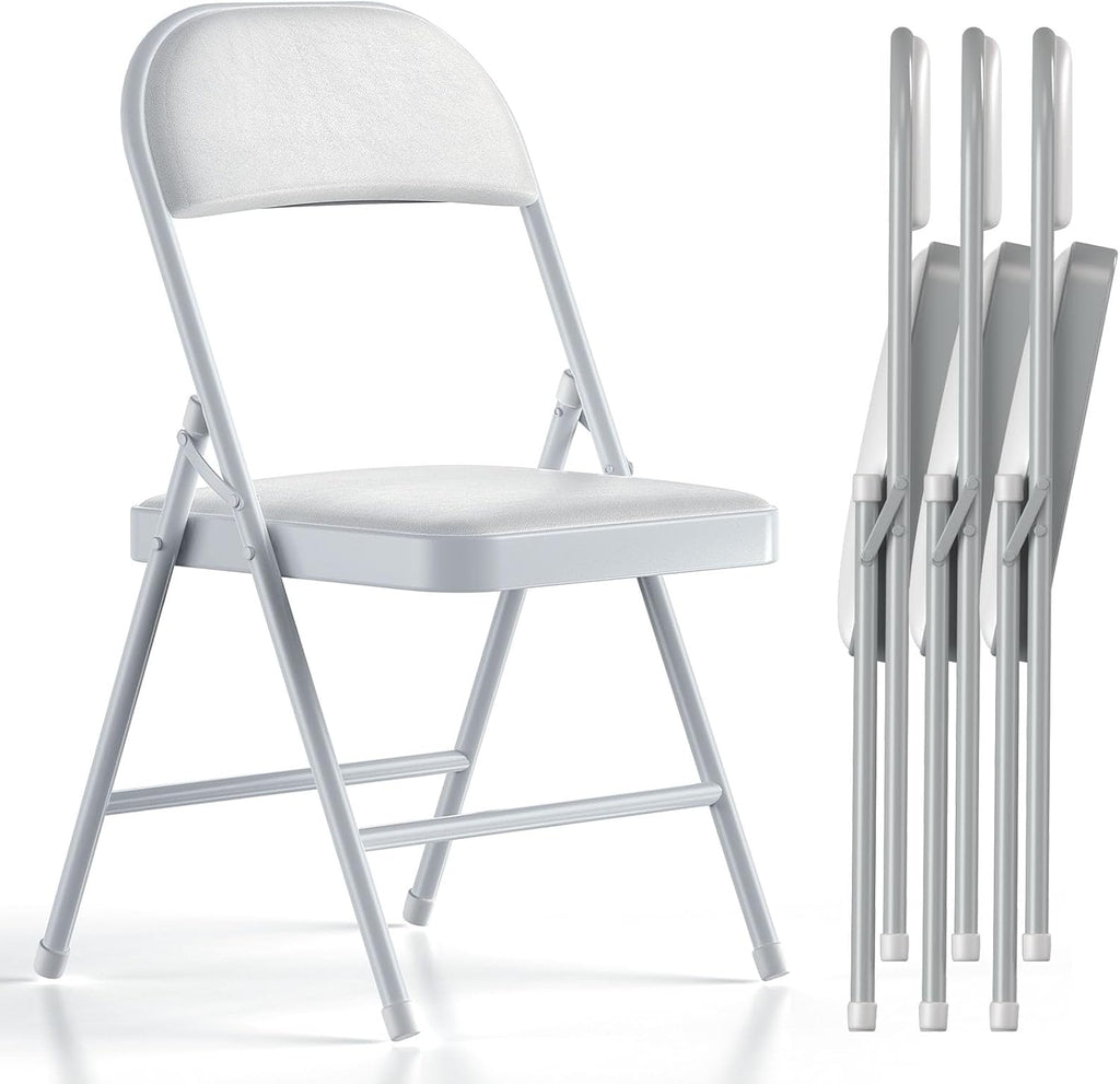 Nazhura 4 Pack Folding Chairs with Padded Vinyl Cushion Chairs with Comfortable Cushion and Durable Steel Frame for Home and Office, for Indoor and Outdoor Events (White, Vinyl)