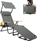 Foldable Chaise Lounge Chair Outdoor, 4-Position Reclining Outdoor Lounge Chairs with Wooden Armrest, Folding Sun Lounger with Removable Pillow for Garden Beach Patio Camp (Gray with Canopy)