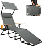 Foldable Chaise Lounge Chair Outdoor, 4-Position Reclining Outdoor Lounge Chairs with Wooden Armrest, Folding Sun Lounger with Removable Pillow for Garden Beach Patio Camp (Gray with Canopy)