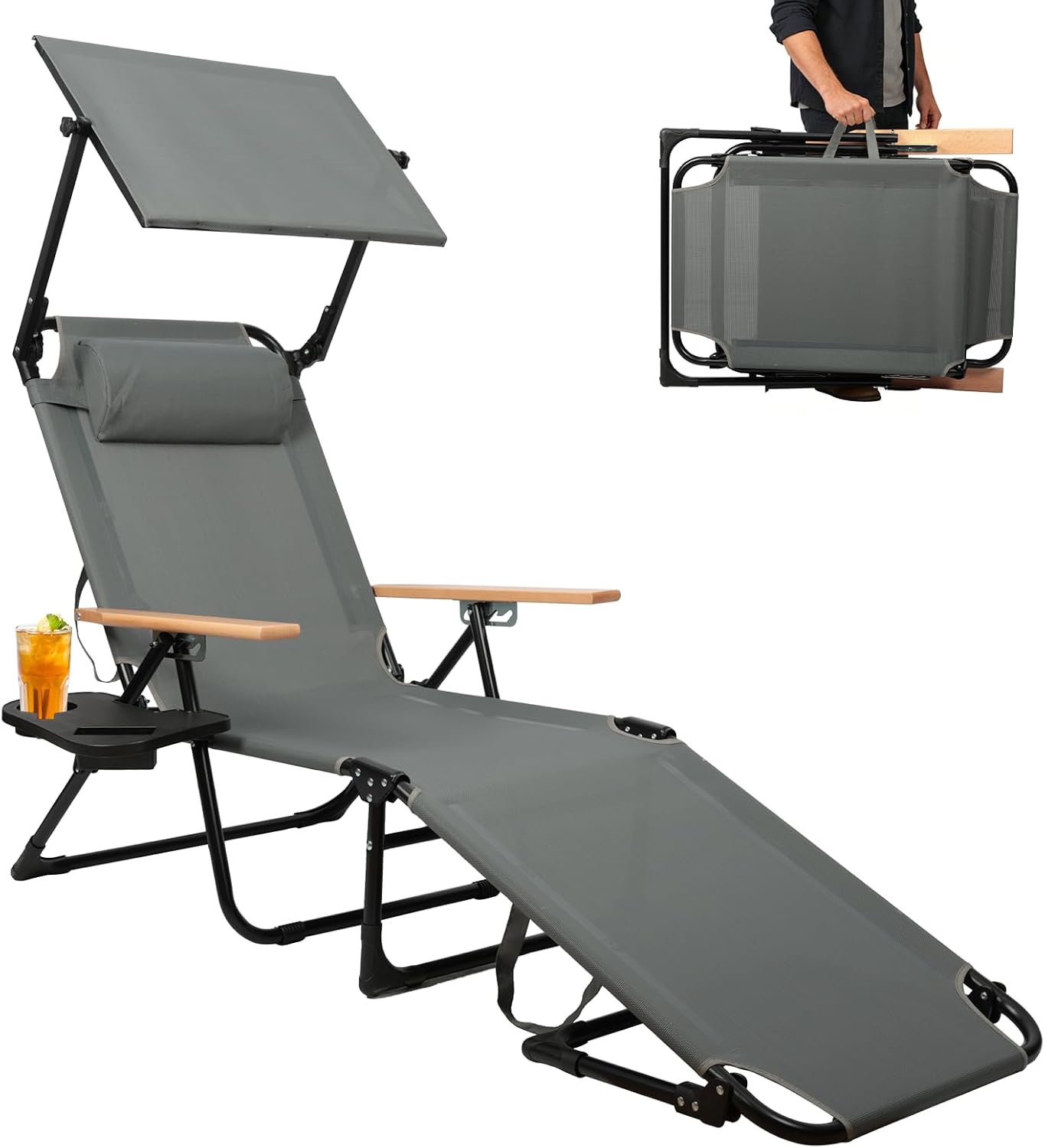 Foldable Chaise Lounge Chair Outdoor, 4-Position Reclining Outdoor Lounge Chairs with Wooden Armrest, Folding Sun Lounger with Removable Pillow for Garden Beach Patio Camp (Gray with Canopy)