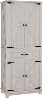 DWVO 72" Tall Farmhouse Pantry Cabinet, Kitchen Storage Pantry with Barn Doors & Drawer, Versatile Organizer with Adjustable Shelves, Rustic Cupboard for Dining Room, Living Room, White Oak