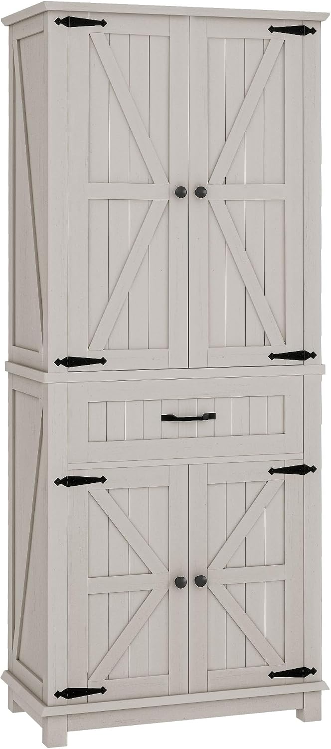 DWVO 72" Tall Farmhouse Pantry Cabinet, Kitchen Storage Pantry with Barn Doors & Drawer, Versatile Organizer with Adjustable Shelves, Rustic Cupboard for Dining Room, Living Room, White Oak