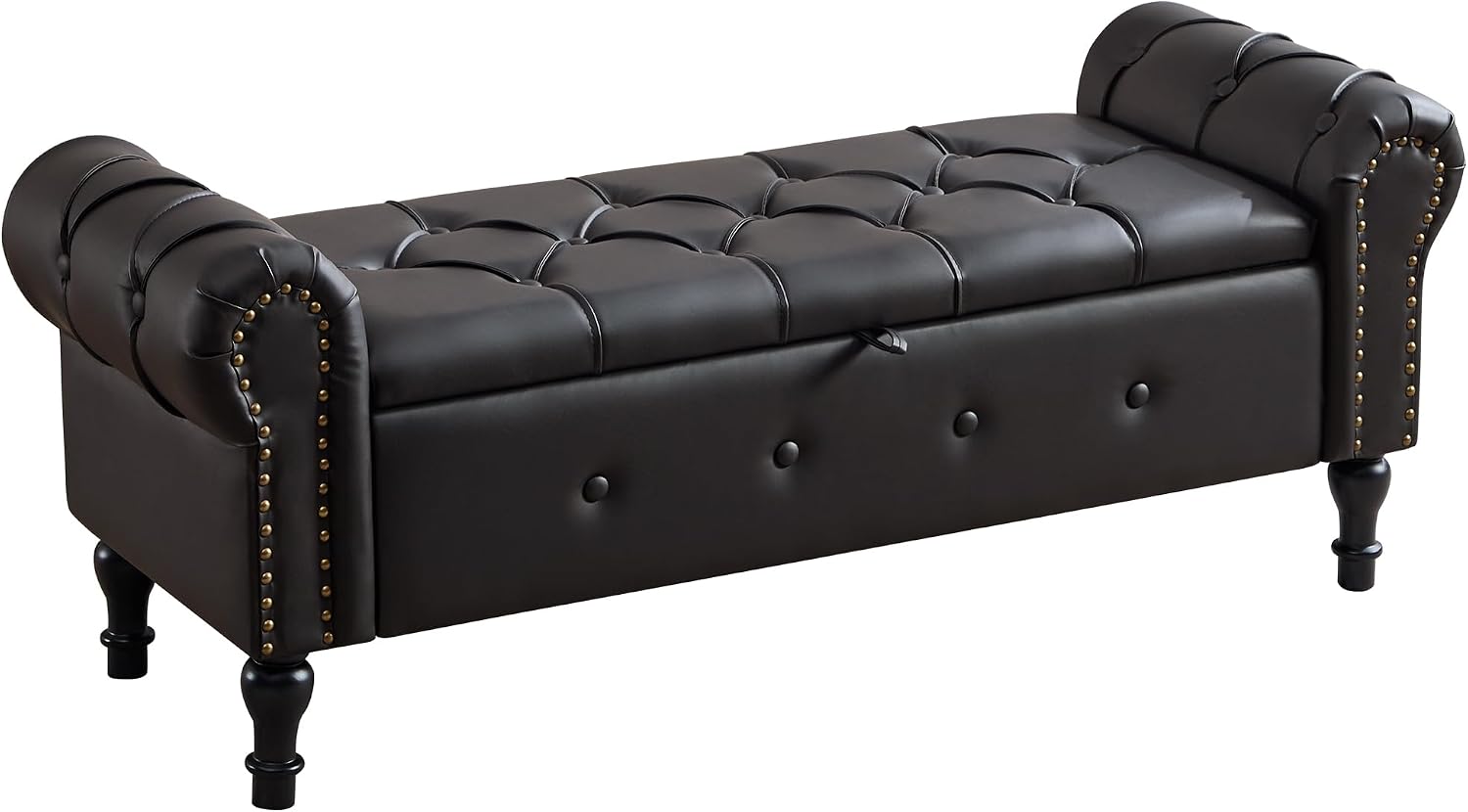 Storage Bench for Bedroom, Faux Leather 51" End of Bed Bench, Queen Size Bench with Rolled Arms, Tufted Storage Ottoman Benches, Upholstered Bench for Bedroom, Living Room, Entryway, Black