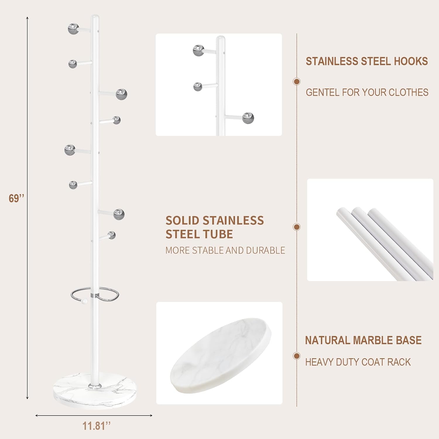 Coat Rack Stand, White Metal Coat Rack Freestanding with 8 Hooks | Coat Rack with Natural Marble Base,Modern Coat Hanger Stand, 3 Adjustable Coat Hall Clothes Tree Stand for Office