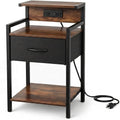 Industrial Nightstand with USB Charging Port, Narrow End Side Table with Fabric Drawer & Storage Shelf for Bedroom Living Room