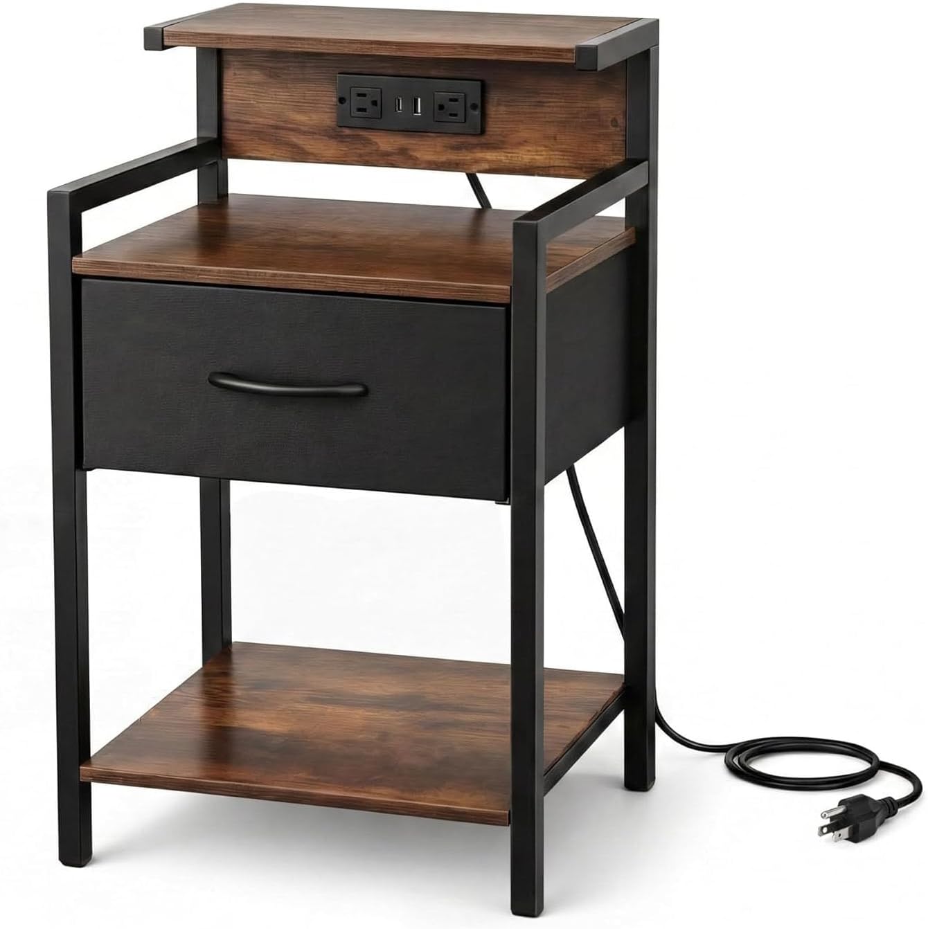 Industrial Nightstand with USB Charging Port, Narrow End Side Table with Fabric Drawer & Storage Shelf for Bedroom Living Room