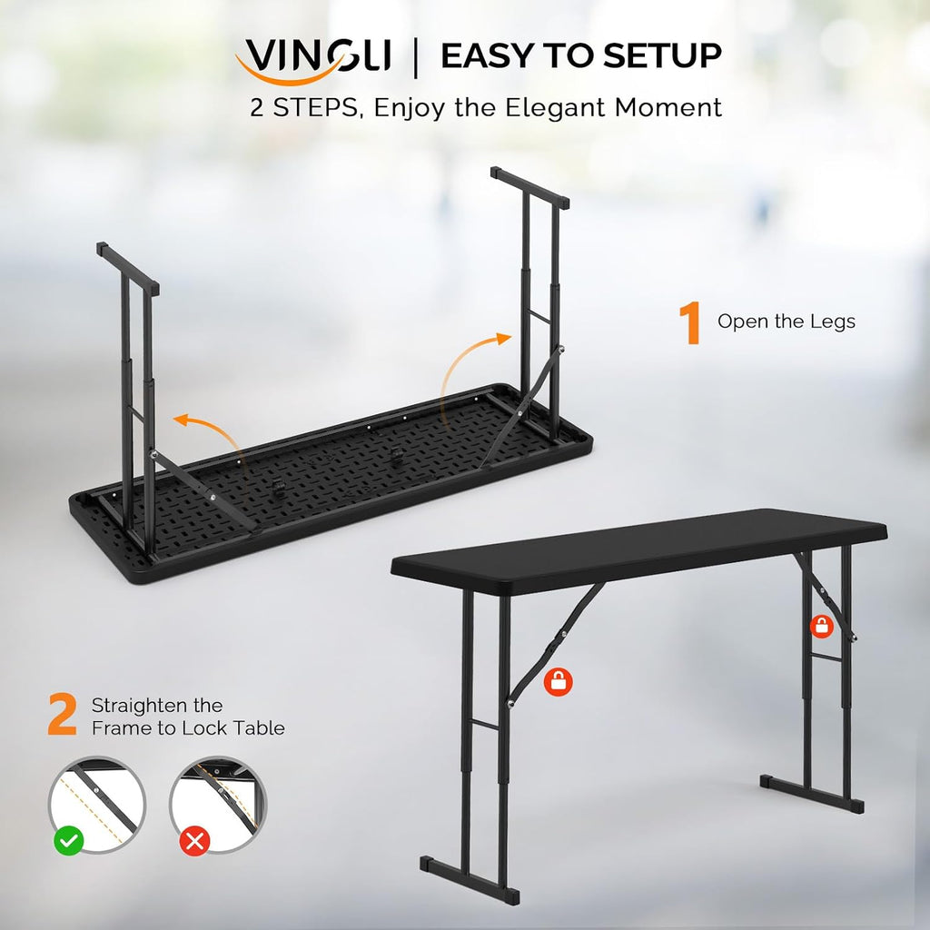 VINGLI 4 FT Narrow Folding Table,Premium Quality HDPE Material and Sturdy Metal Frame, Perfect for Buffet, Seminar, Party, Training, Home Work, Black