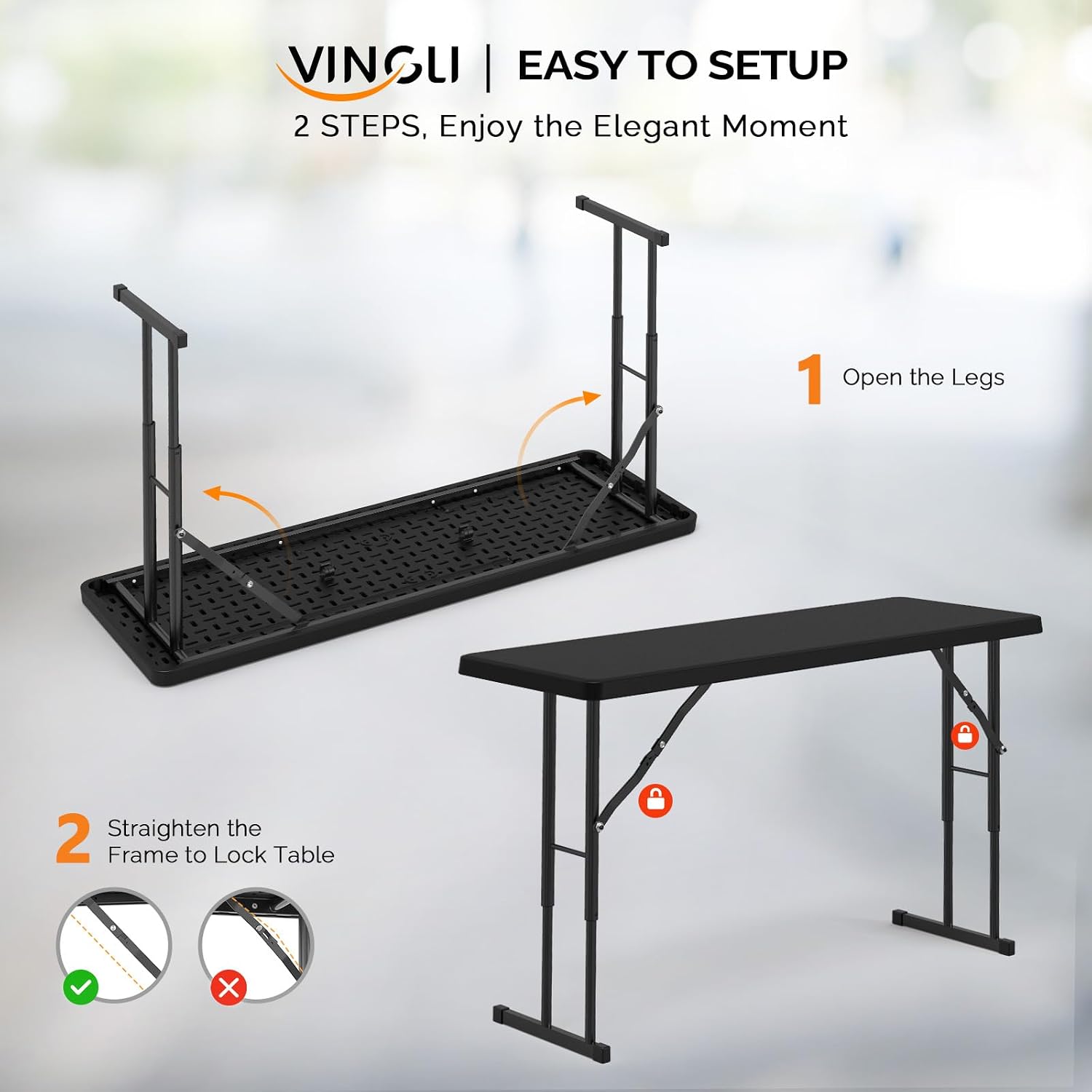 VINGLI 4 FT Narrow Folding Table,Premium Quality HDPE Material and Sturdy Metal Frame, Perfect for Buffet, Seminar, Party, Training, Home Work, Black