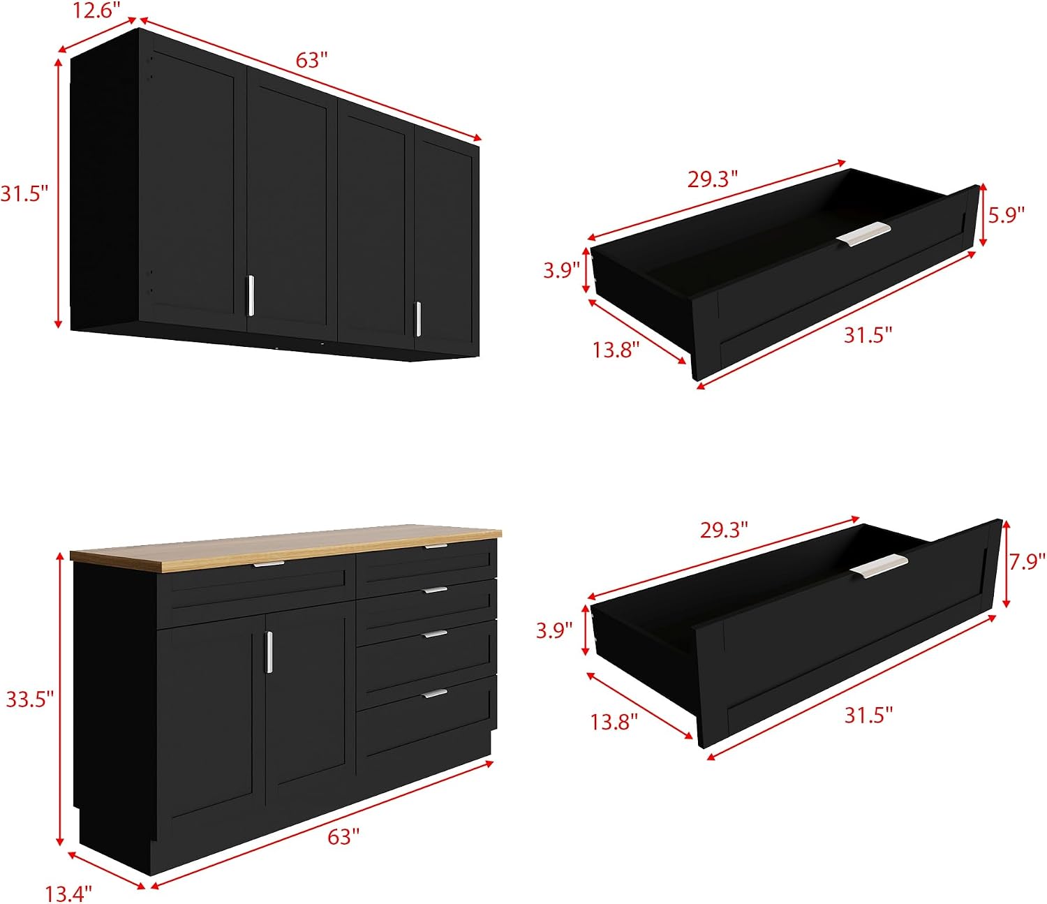 Timechee Large Kitchen Pantry Storage Cabinet Set with Wall Cupboard, Freestanding Food Pantry Cabinet for Kitchen with 6 Doors & 5 Drawers, Sideboards with Storage for Living Room, Black, 63" W