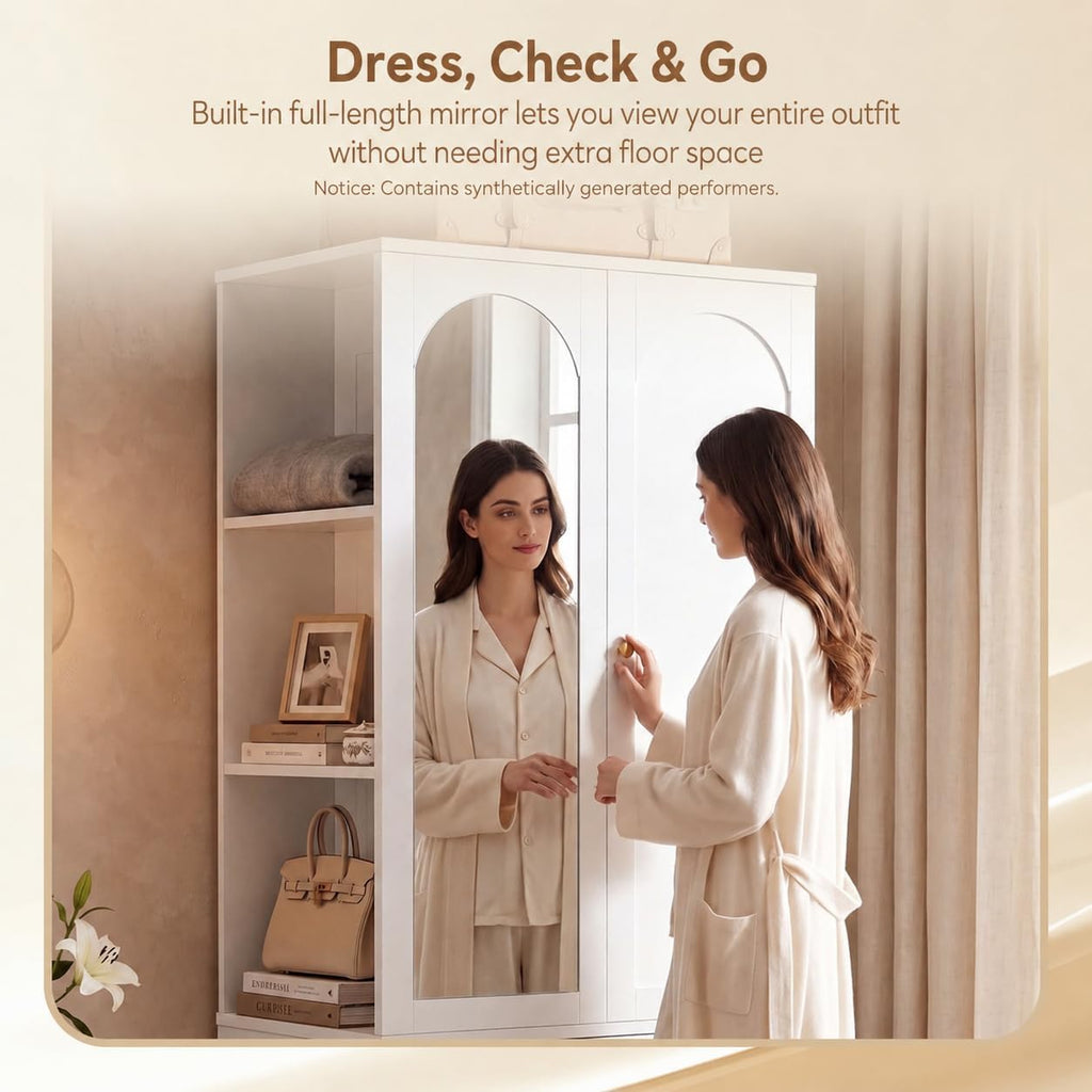LIKIMIO Armoire Wardrobe Closet with Full Length Mirror, 3 Open Shelves | 71" Freestanding Bedroom Armoire with 2 Drawers, 3 Side Hooks & Hanging Rod, Clothing Storage Cabinet for Bedroom, White