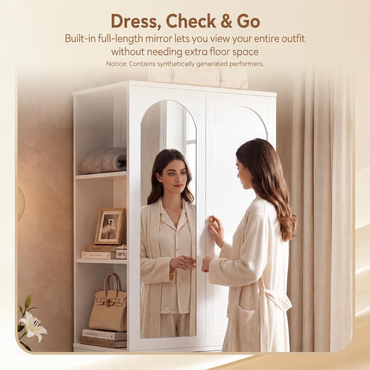 LIKIMIO Armoire Wardrobe Closet with Full Length Mirror, 3 Open Shelves | 71" Freestanding Bedroom Armoire with 2 Drawers, 3 Side Hooks & Hanging Rod, Clothing Storage Cabinet for Bedroom, White