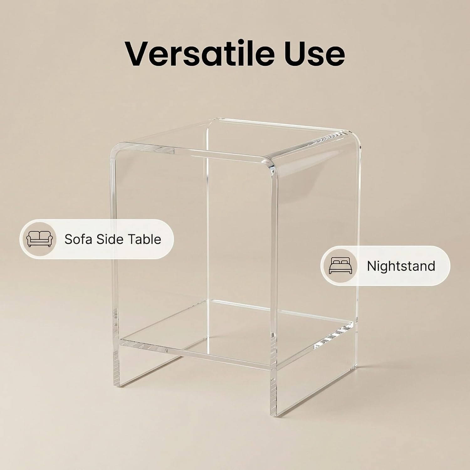 Clear Acrylic End Table/Nightstand,22" H Sleek and Durable Bedside Storage. Ideal for Bedrooms, Living Rooms, and Modern Interiors. (2 Tier- Bottom)