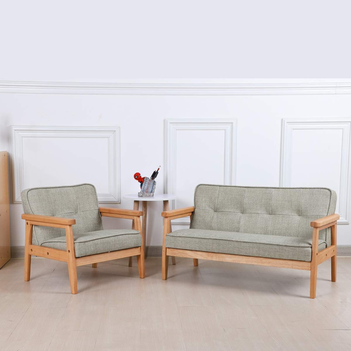 Double Seater Kid Sofa Chair, Kid Couch with Solid Wood Arm and Linen Pattern PVC for Kids Rest (Light Grey)