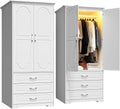FJTJBSI Armoire Wardrobe Closet with 3 Drawers and LED Light 72" Wooden Bedroom Armoire with 2 Doors and Retro Ceramic Door Handles Modern Wardrobe Cabinet with Removable Hanging Rod White