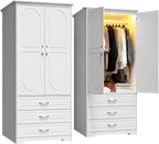 FJTJBSI Armoire Wardrobe Closet with 3 Drawers and LED Light 72" Wooden Bedroom Armoire with 2 Doors and Retro Ceramic Door Handles Modern Wardrobe Cabinet with Removable Hanging Rod White