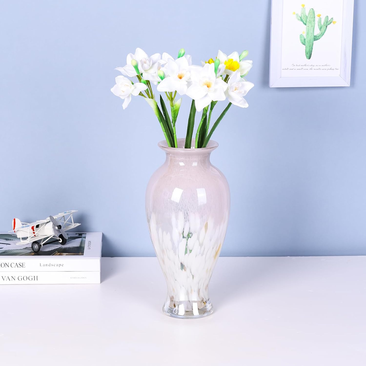 11.8" Tall Pink White Blown Glass Vase, Colorful Opaque Glass Vase, Unique Design Wide Mouth Art Decoration for Home, Living Room, Dining Table, Pampas Grass Decor (Pink White)