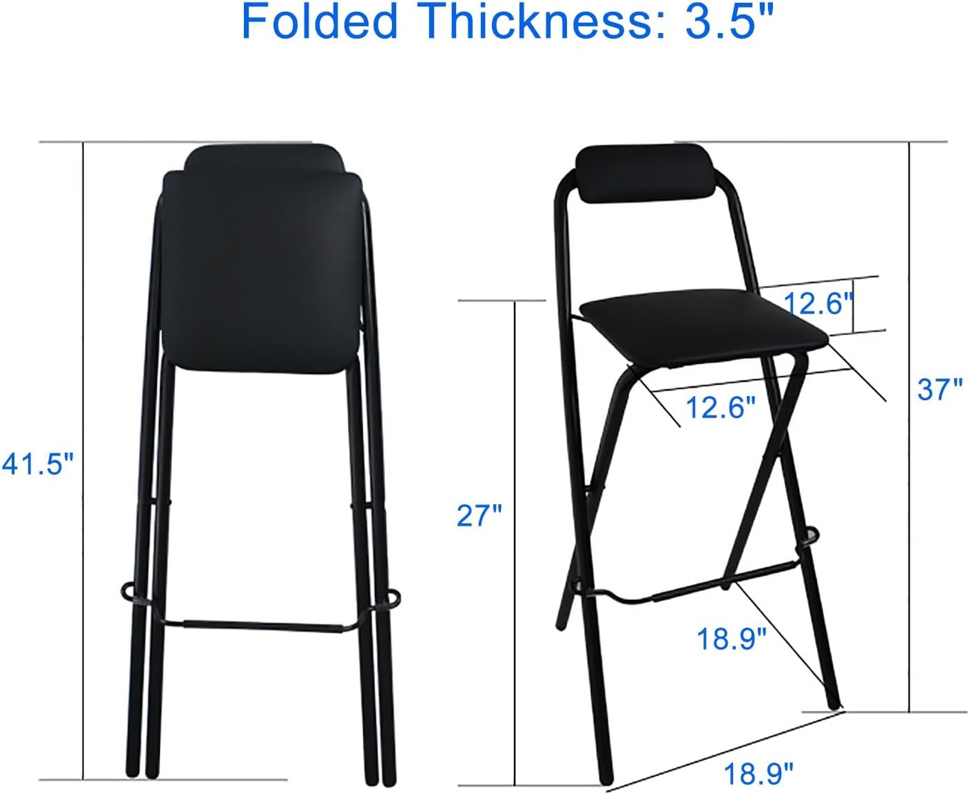 Folding Bar Stool with Backrest, Set of 2 Portable Folding Stool Chair PU Sponge Seat Tall Bar Stools - 300 lbs Capacity (Color : White, Size : Seat Height 27")