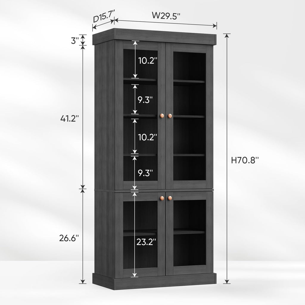ivaniti 70.8" Tall Farmhouse Kitchen Pantry Cabinet with Glass Doors, Modular Storage Cabinet with 6-Tier Adjustable Shelves, Large Storage Cabinet for Kitchen or Living Room, Set of 3, Black