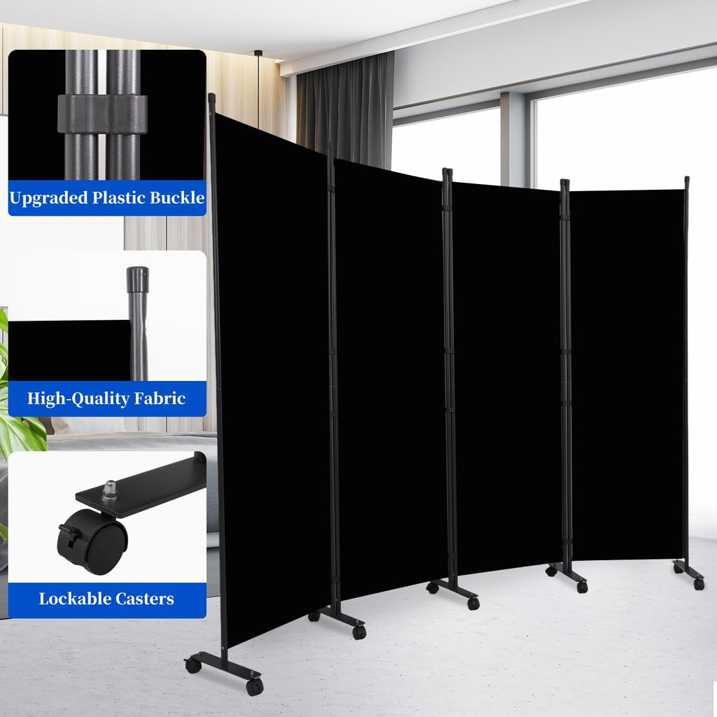 Room Divider 6FT Room Partition with Lockable Wheels, (Thicked Metal Base) Room Dividers, Freestanding Indoor Folding Privacy Screens, Portable Fabric Wall Divider for (Black, 88"- 4 Panel)