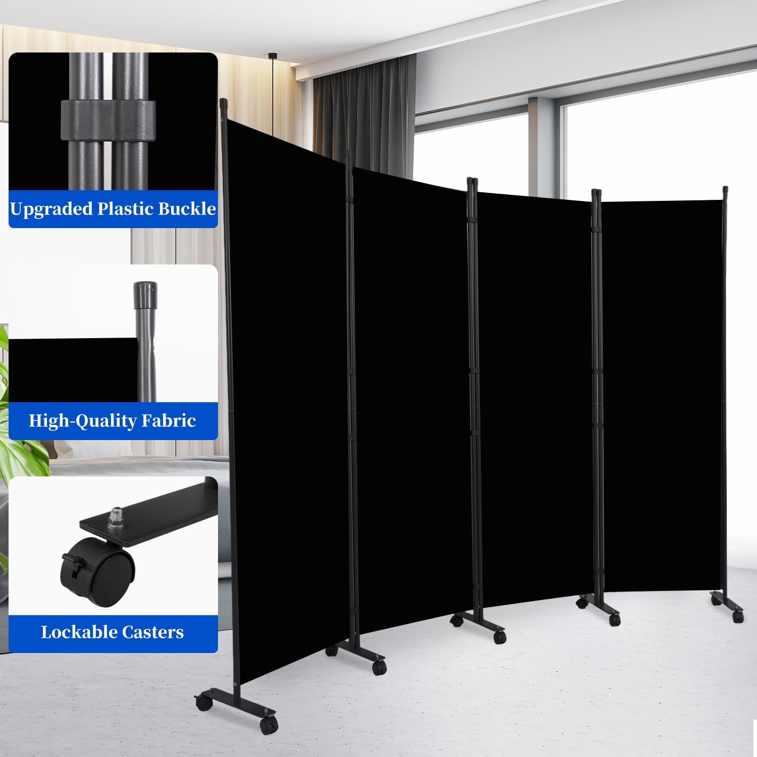 Room Divider 6FT Room Partition with Lockable Wheels, (Thicked Metal Base) Room Dividers, Freestanding Indoor Folding Privacy Screens, Portable Fabric Wall Divider for (Black, 88"- 4 Panel)