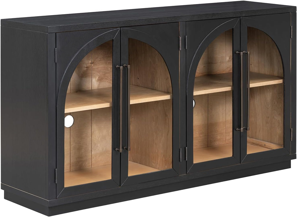 Large Arched Kitchen Sideboard, Wooden Storage Cabinet with Glass Doors with Adjustable Shelves for Kitchen, Dining Room and Bathroom (Black)