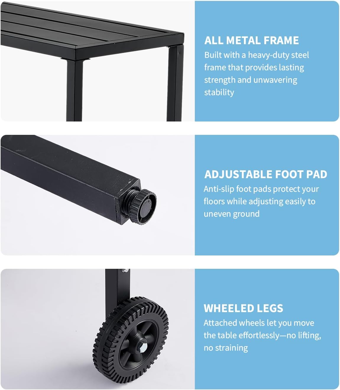 PeakPursuit 39x16 in Rectangle Outdoor Bar Table, 37" Counter Height Patio Pub Table with 2 Wheels, Waterproof Top & Adjustable Feet for Balcony, Yard, Hot Tub, Poolside, Indoor