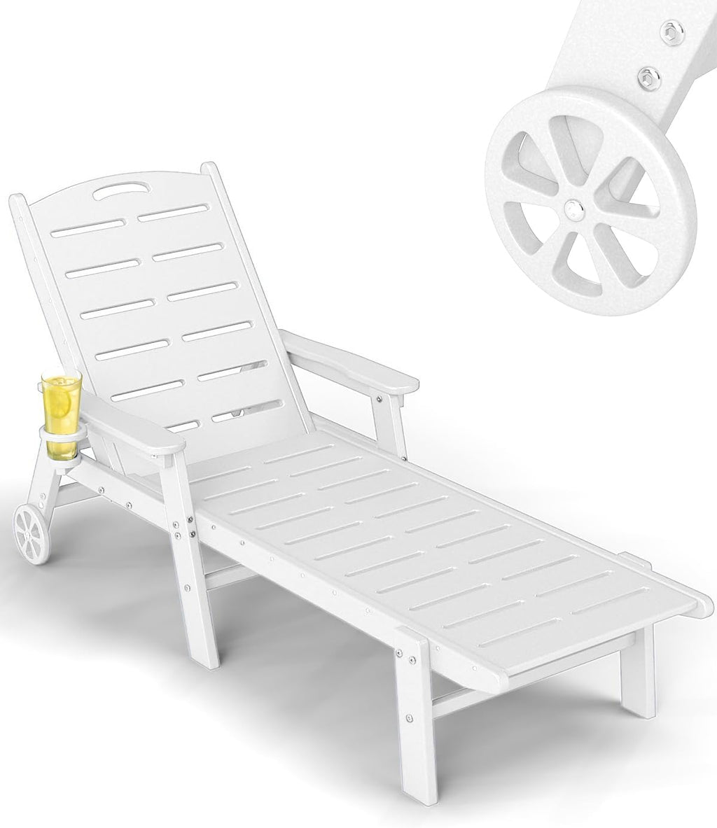 FOOWIN Chaise Lounge Chair, HDPE Lounge Chair Outdoor with 5 Positions, Oversized Pool Lounge Chairs with Rolling Wheels & Cup Holder for Poolside Deck Backyard, White