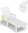 FOOWIN Chaise Lounge Chair, HDPE Lounge Chair Outdoor with 5 Positions, Oversized Pool Lounge Chairs with Rolling Wheels & Cup Holder for Poolside Deck Backyard, White
